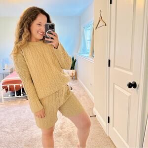 NastyGal Tan Neutral Cable Knit Sweater And Shorts Set Small